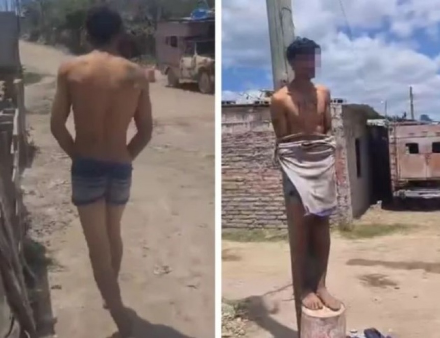 VIDEO | Tras sufrir un robo, un comerciante desnud y at a dos ladrones a un poste de luz